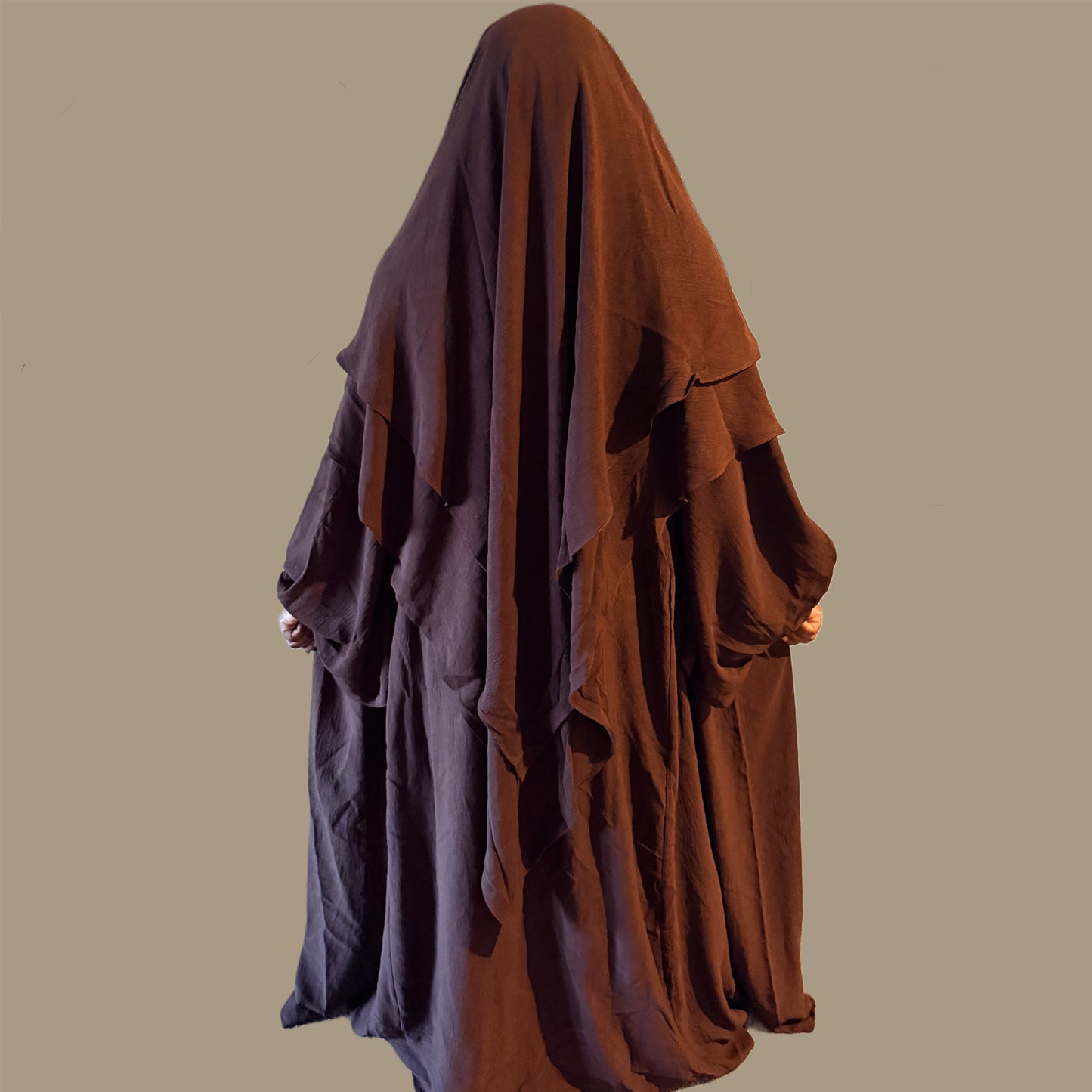 Brown Abaya Set 2 Layered Diamond Khimar