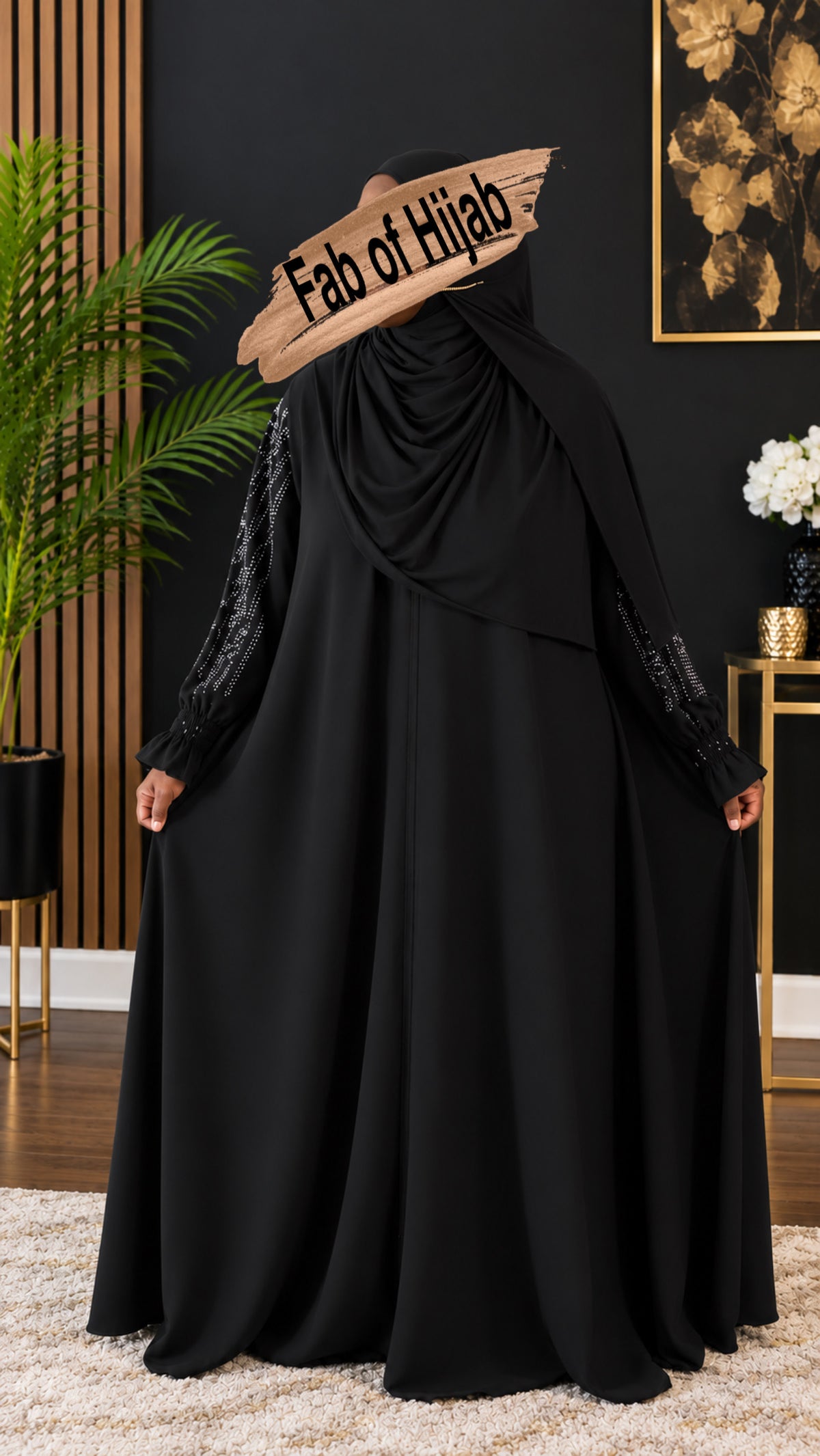 Umbrella Abaya, with rhinestones/sleeves, zipper, & match Shayla